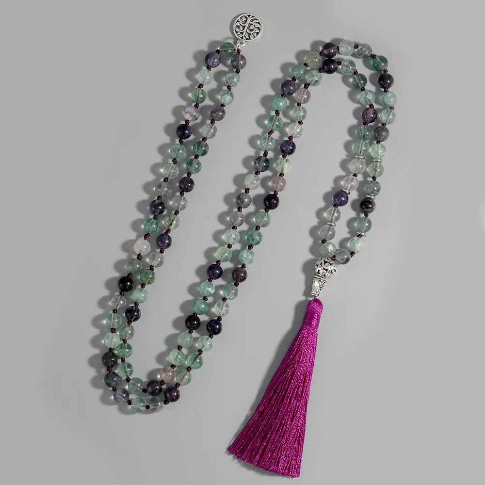 108Mala8mm Natural Color Fluorite Handmade Knotted Party Meditation Prayer Tree of Life Lucky Beads Pendant