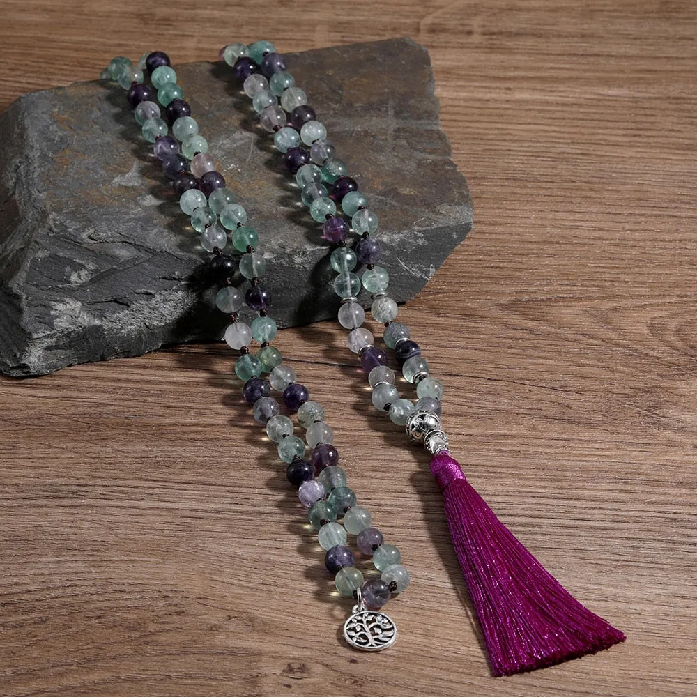 108Mala8mm Natural Color Fluorite Handmade Knotted Party Meditation Prayer Tree of Life Lucky Beads Pendant