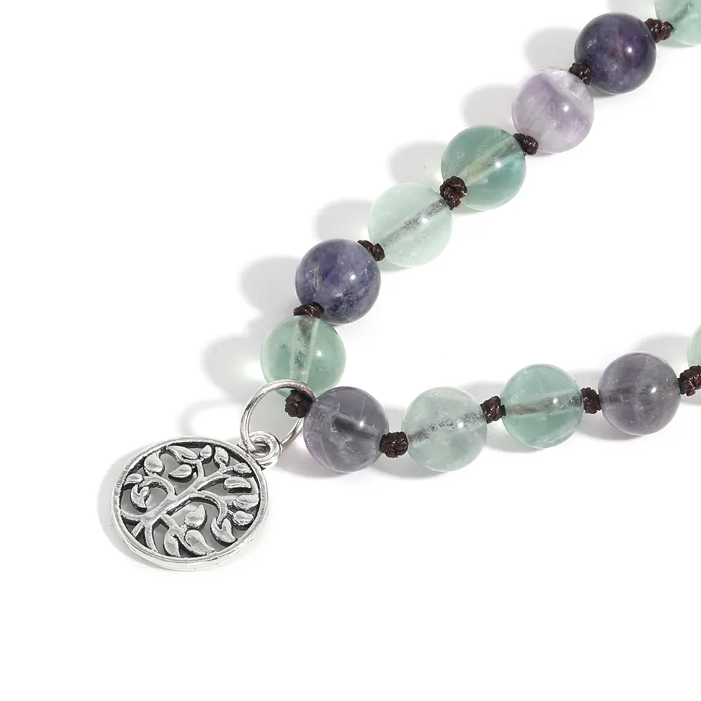 108Mala8mm Natural Color Fluorite Handmade Knotted Party Meditation Prayer Tree of Life Lucky Beads Pendant