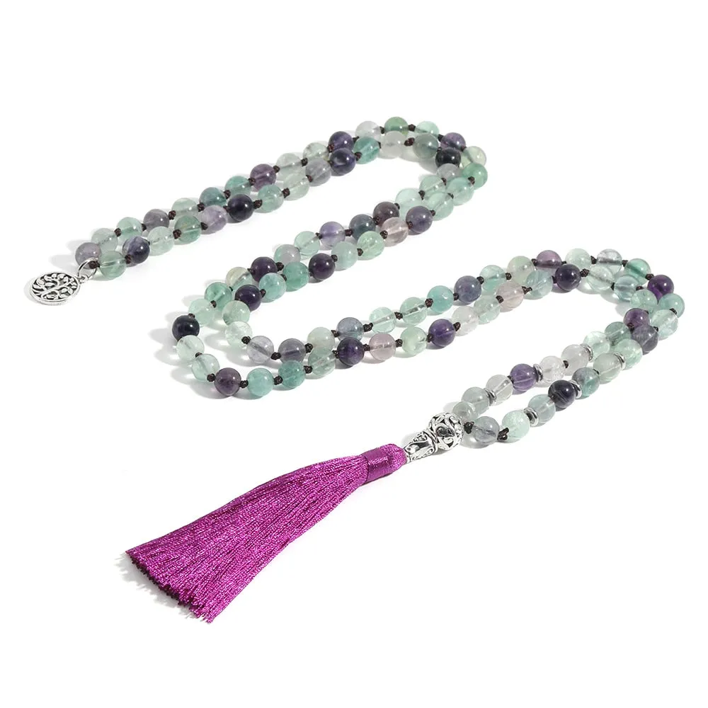 108Mala8mm Natural Color Fluorite Handmade Knotted Party Meditation Prayer Tree of Life Lucky Beads Pendant
