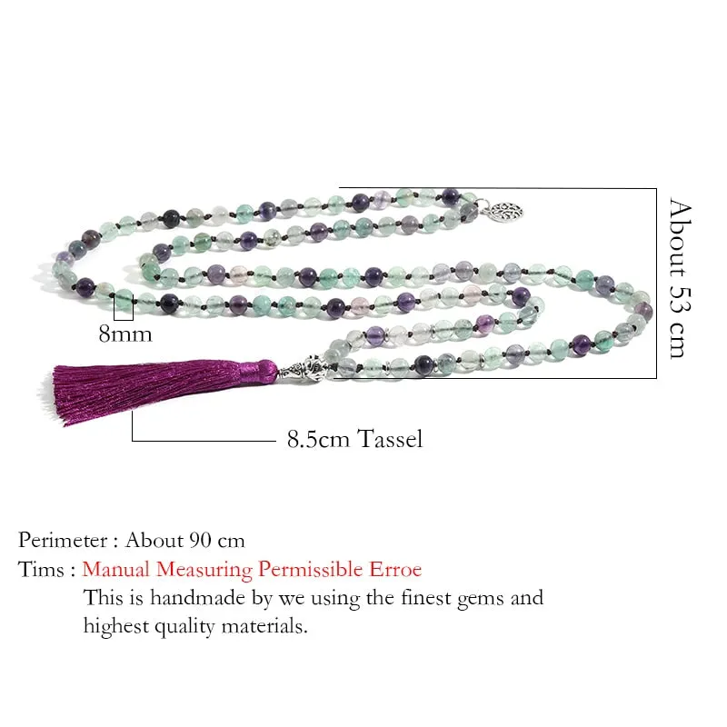 108Mala8mm Natural Color Fluorite Handmade Knotted Party Meditation Prayer Tree of Life Lucky Beads Pendant
