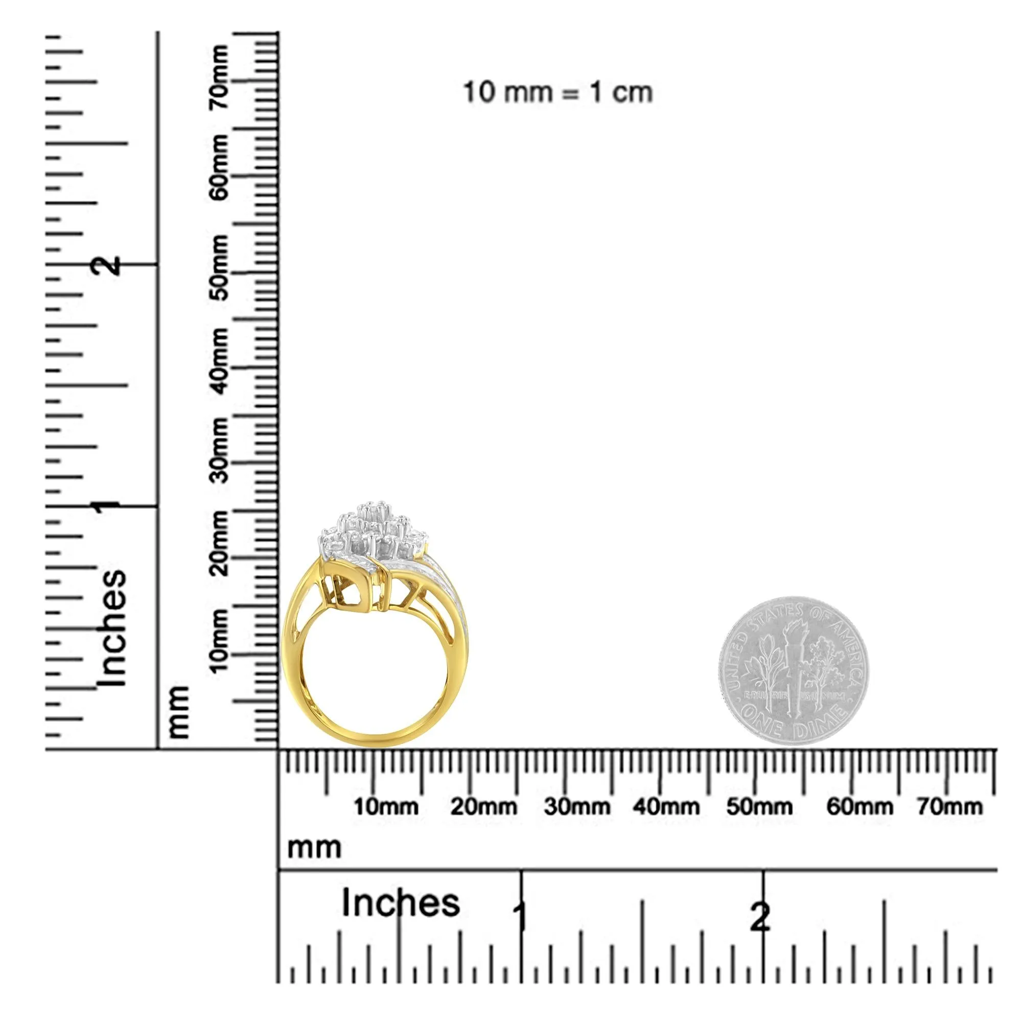 10K Yellow Gold Round and Baguette Diamond Swirl Ring (2.0 Cttw, J-K Color, I2 Clarity) - Size 7-1/4