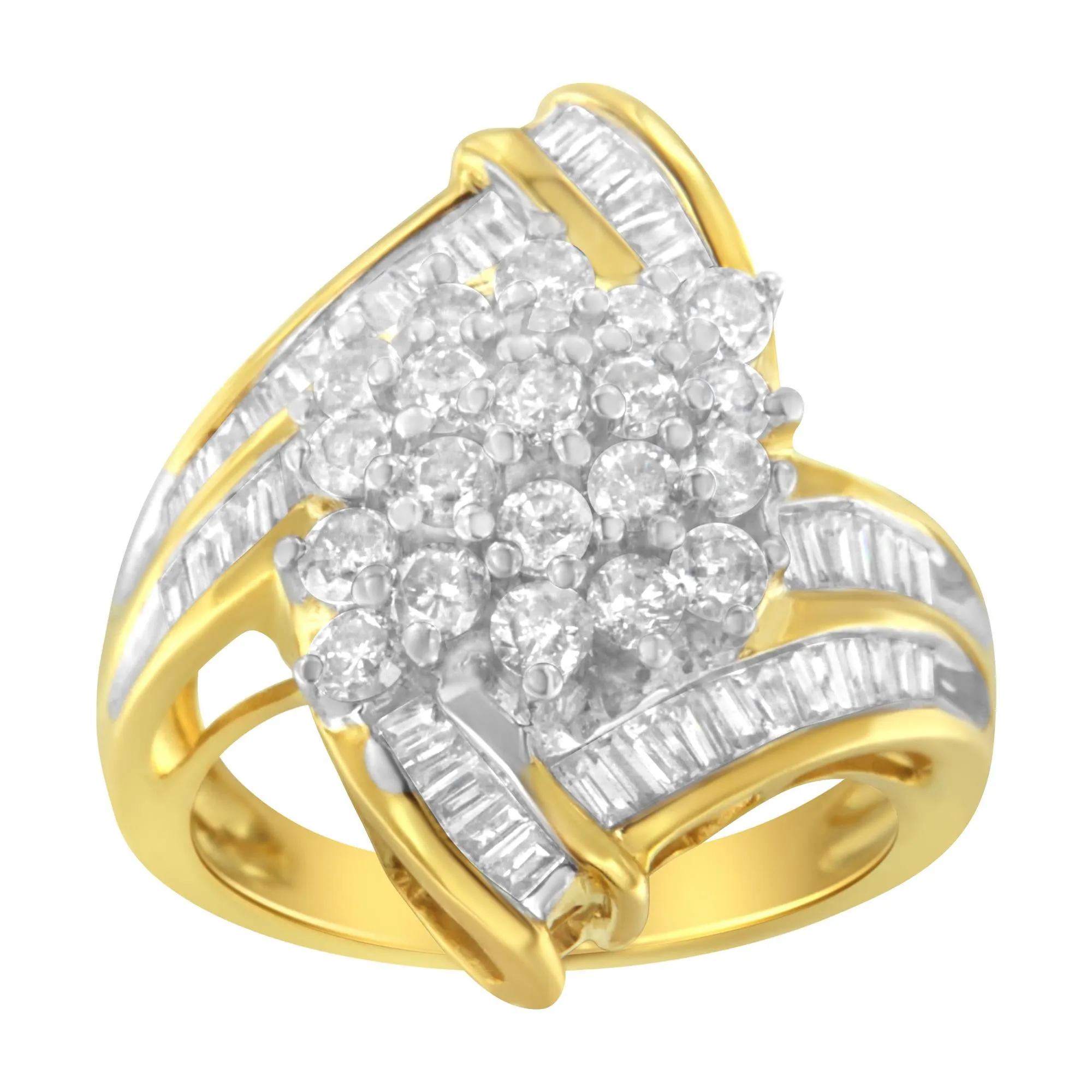 10K Yellow Gold Round and Baguette Diamond Swirl Ring (2.0 Cttw, J-K Color, I2 Clarity) - Size 7-1/4