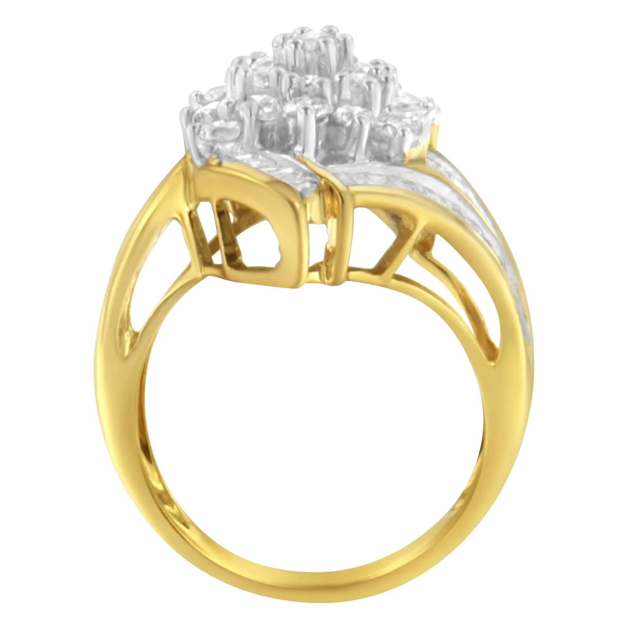 10K Yellow Gold Round and Baguette Diamond Swirl Ring (2.0 Cttw, J-K Color, I2 Clarity) - Size 7-1/4