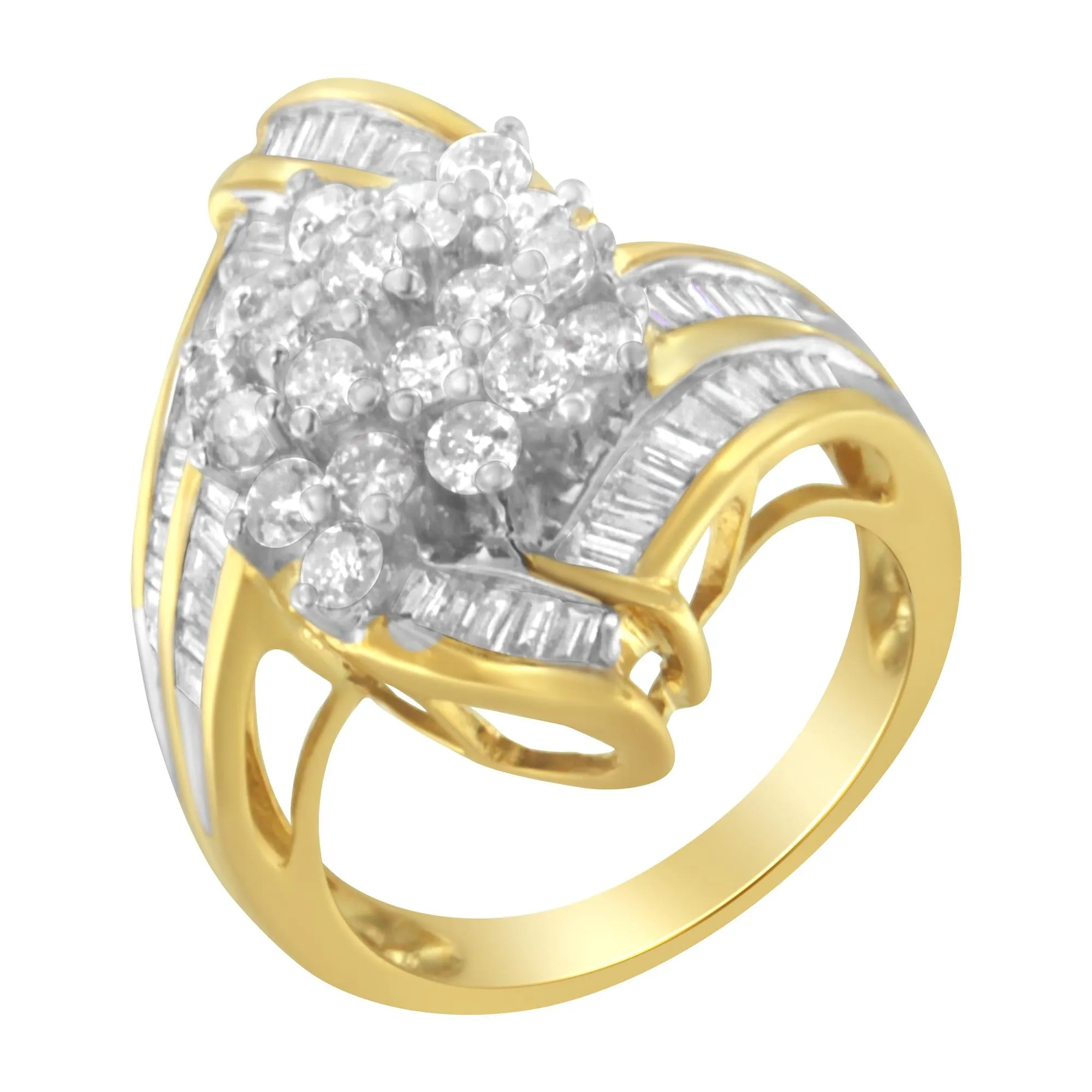 10K Yellow Gold Round and Baguette Diamond Swirl Ring (2.0 Cttw, J-K Color, I2 Clarity) - Size 7-1/4