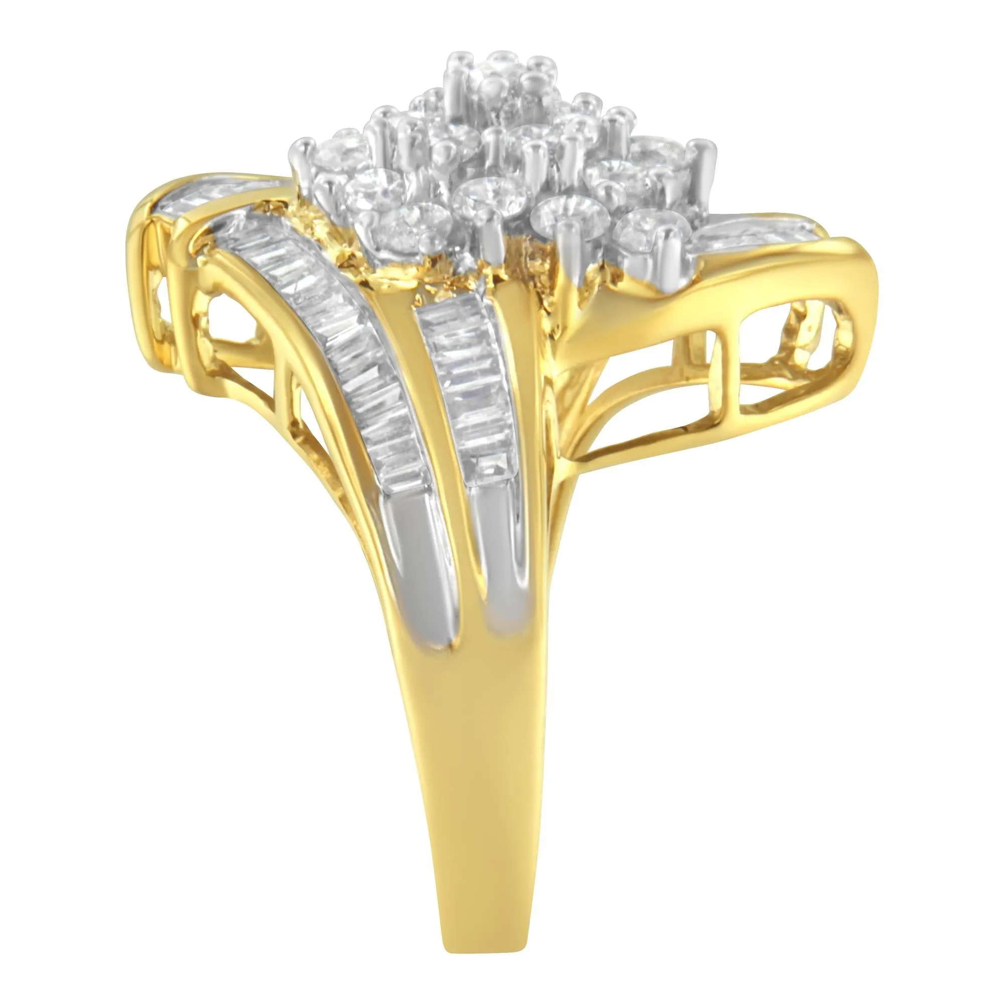 10K Yellow Gold Round and Baguette Diamond Swirl Ring (2.0 Cttw, J-K Color, I2 Clarity) - Size 7-1/4