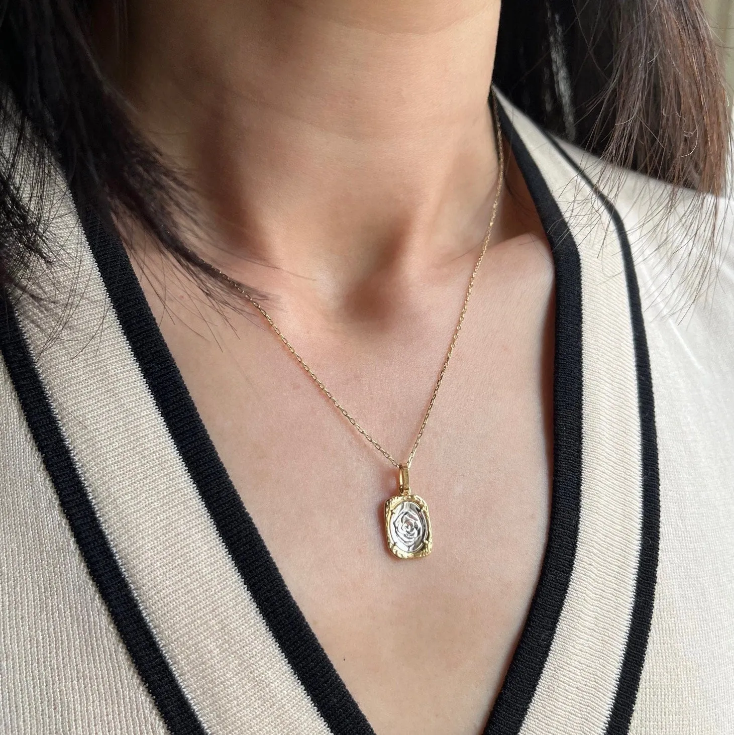 14k Solid Gold Engraved Rose Pendant