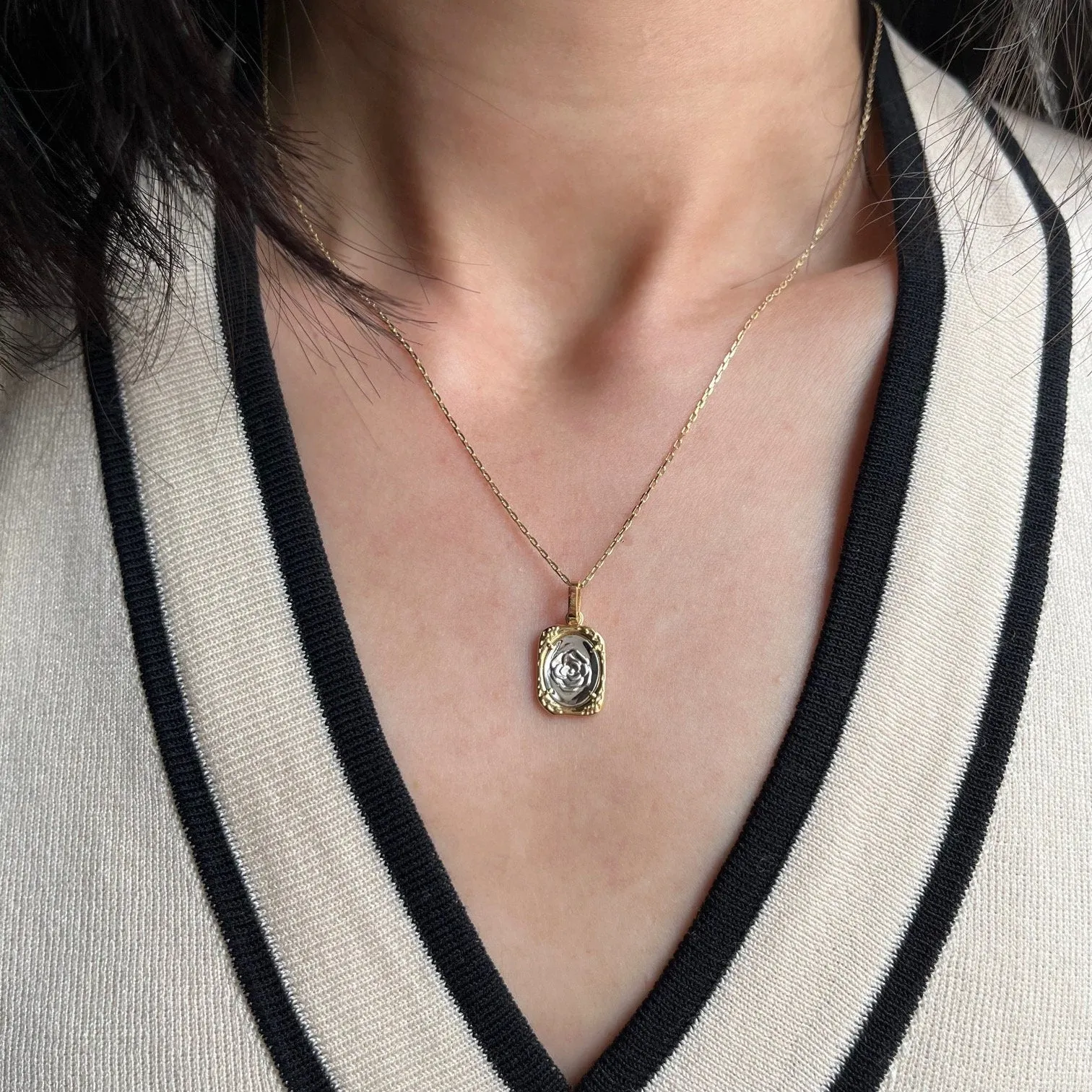 14k Solid Gold Engraved Rose Pendant