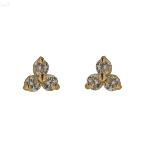 18K Solid yellow Gold  Trio Tiny Stud  Earrings, Three Stone Cluster Earring
