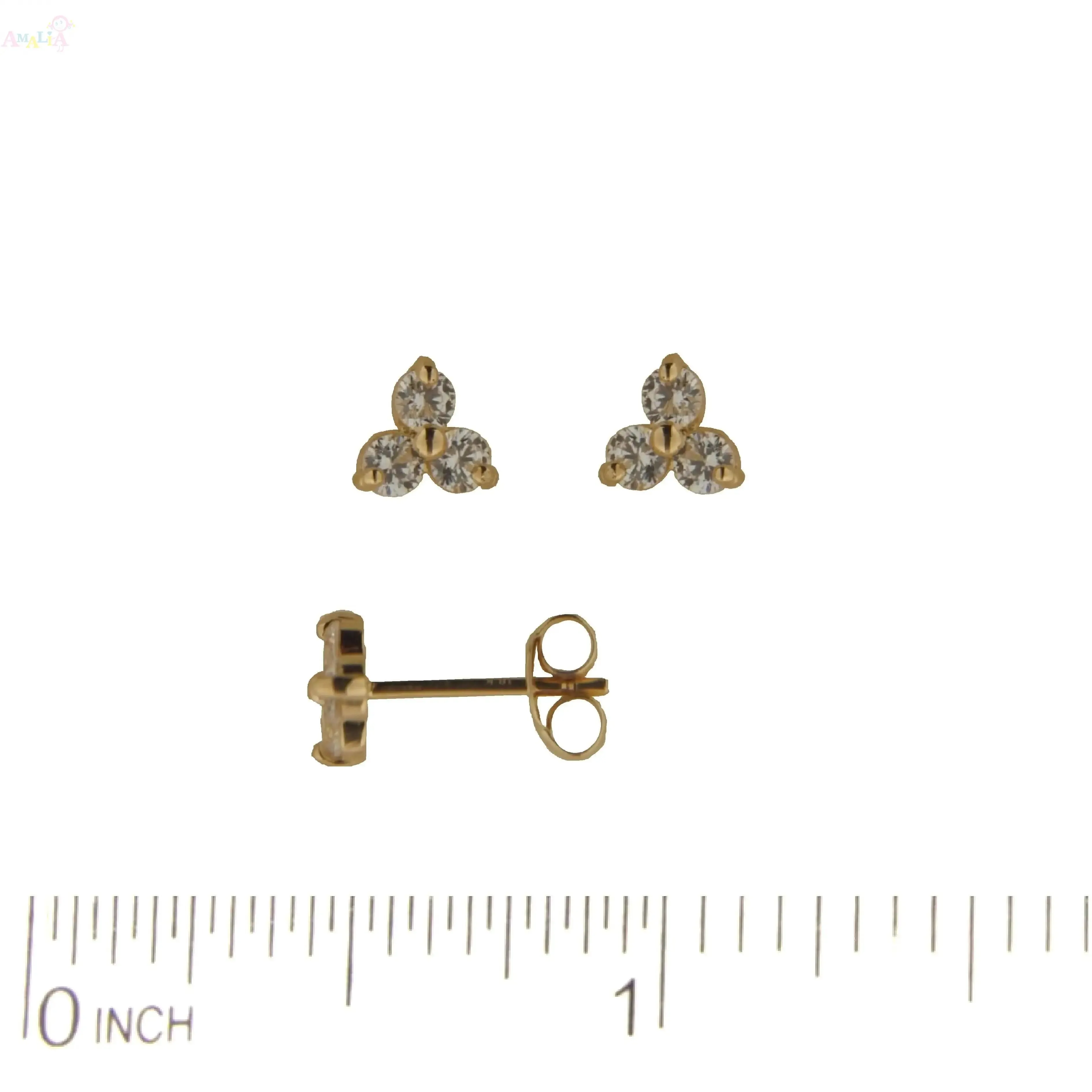18K Solid yellow Gold  Trio Tiny Stud  Earrings, Three Stone Cluster Earring