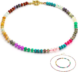 2 Pcs Beaded Gemstone Necklace for Women, Colorful Boho Bead Choker Necklace Beaded Necklaces for Women Natural Stone Colorful Necklace Colorful Bracelets Handmade Boho Beaded Anklets for Women