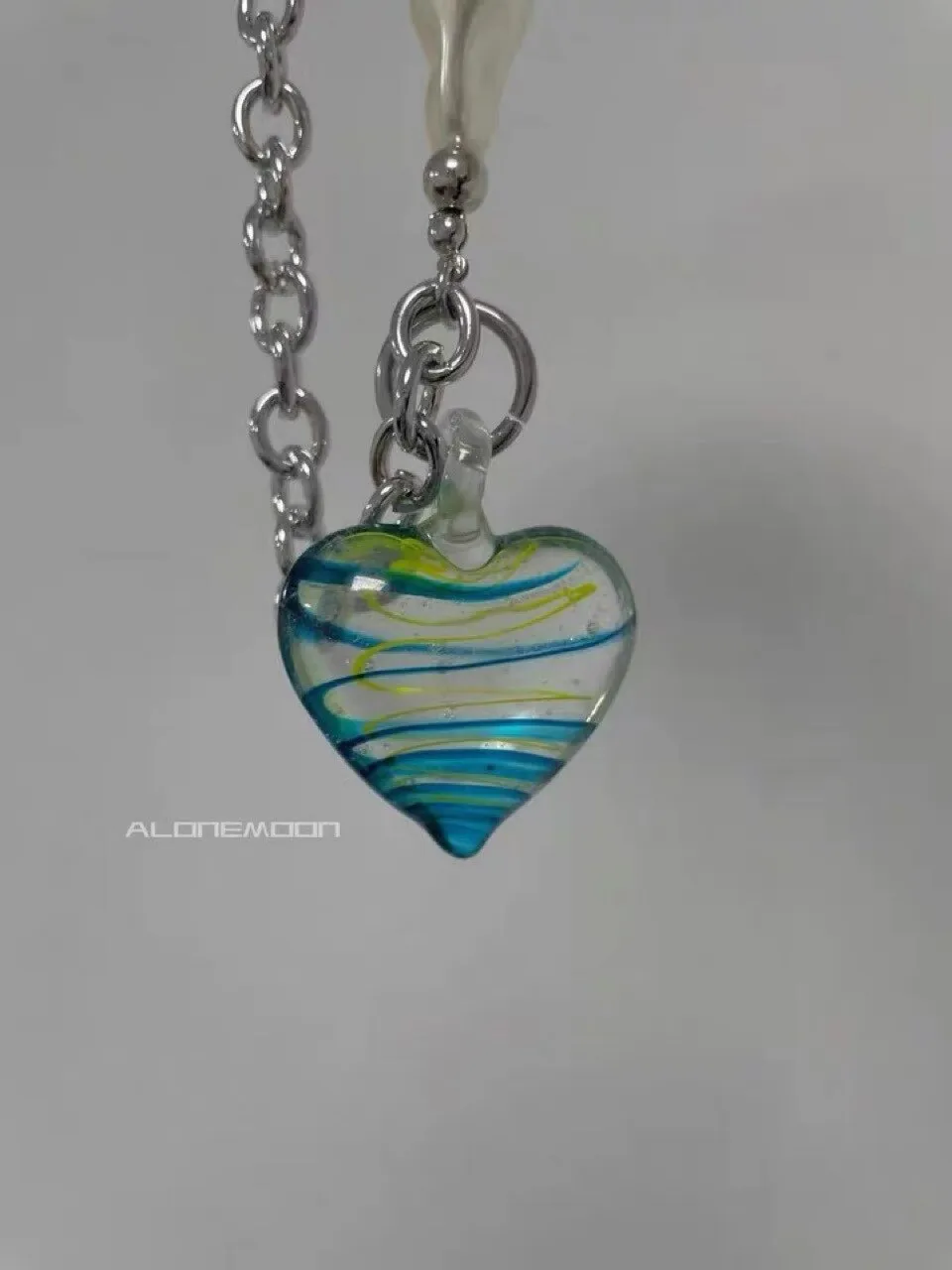 2021 Fashion Irregular Imitation Pearl Splicing Chain Necklaces Trendy Hip hop Jewelry Clear Glass Green Heart Pendant Collares