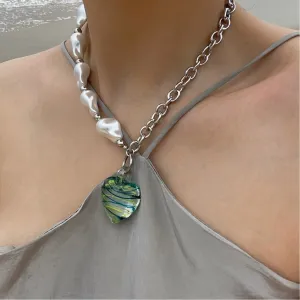 2021 Fashion Irregular Imitation Pearl Splicing Chain Necklaces Trendy Hip hop Jewelry Clear Glass Green Heart Pendant Collares
