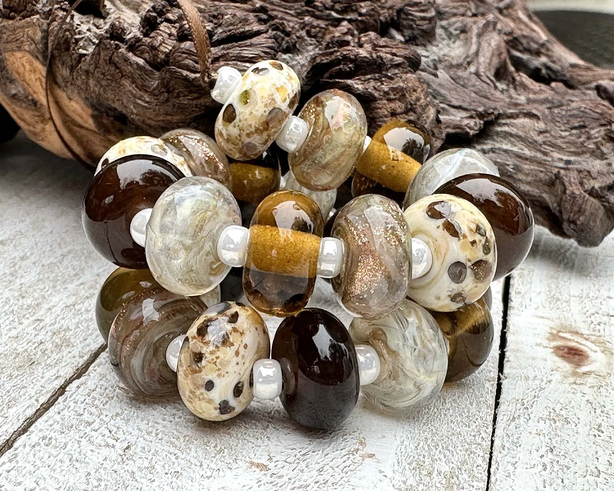 21 Brown Cocoa Sparkle Lampwork Beads Set SRA
