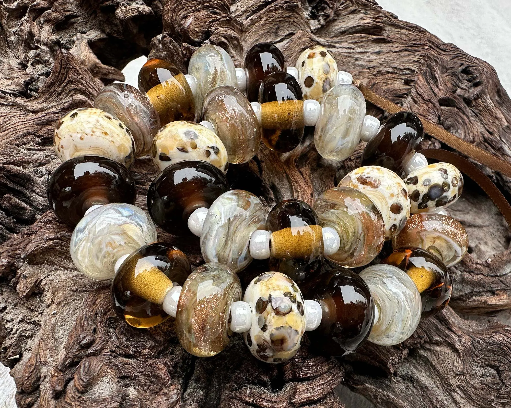 21 Brown Cocoa Sparkle Lampwork Beads Set SRA
