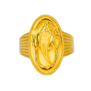 22K Yellow Gold Men's Ring W/ Ganesh Signet & Ribbed Shank