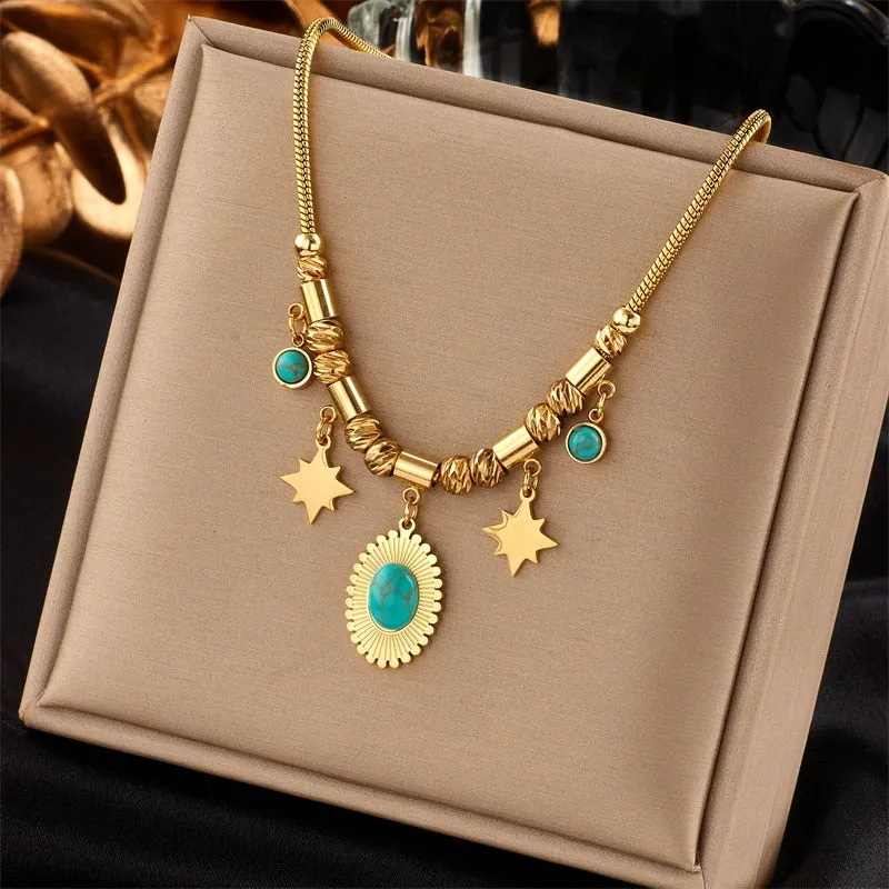316L Stainless Steel Pearl Heart Butterfly Green Stone Pendant Necklace For Women