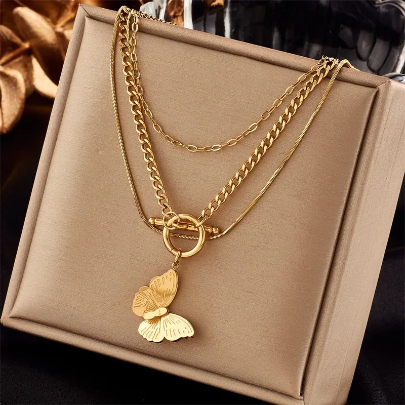 316L Stainless Steel Pearl Heart Butterfly Green Stone Pendant Necklace For Women