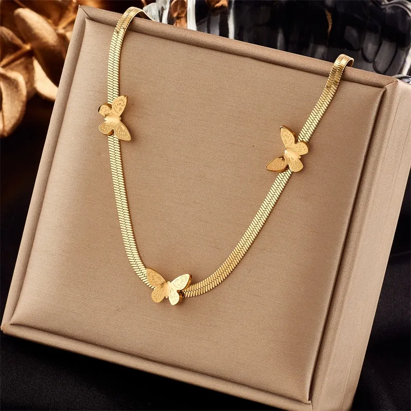 316L Stainless Steel Pearl Heart Butterfly Green Stone Pendant Necklace For Women