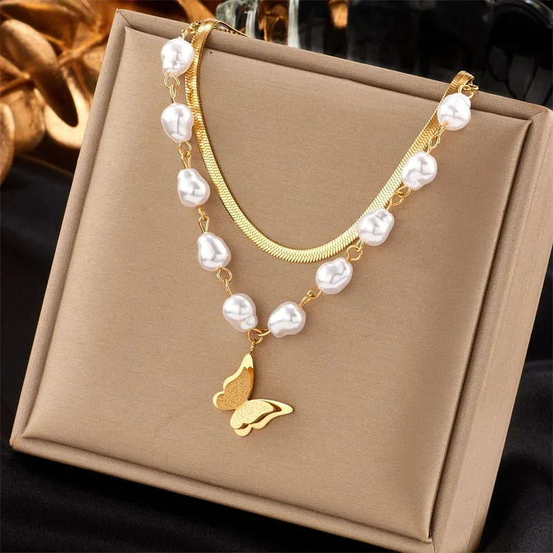 316L Stainless Steel Pearl Heart Butterfly Green Stone Pendant Necklace For Women