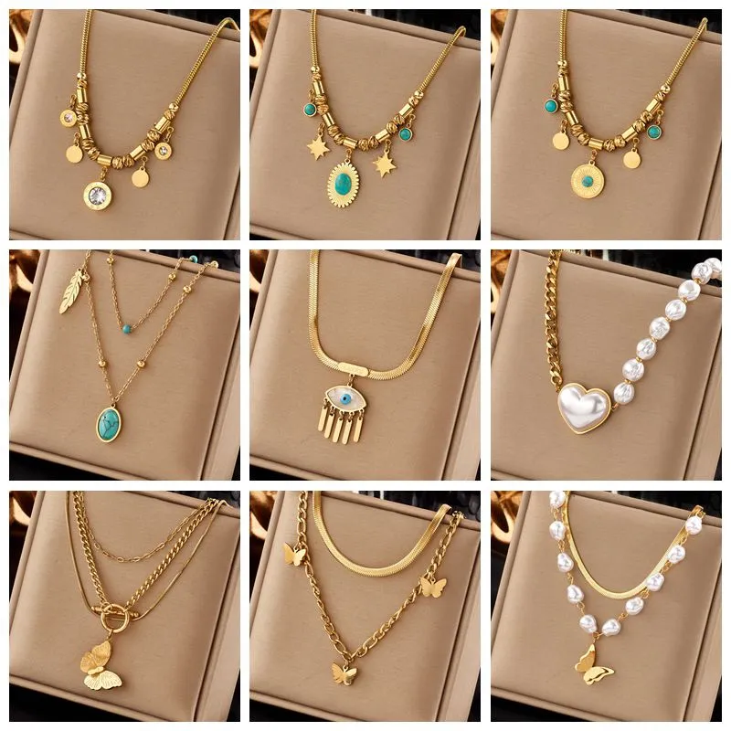 316L Stainless Steel Pearl Heart Butterfly Green Stone Pendant Necklace For Women