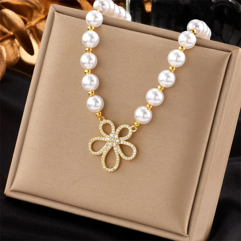 316L Stainless Steel Pearl Heart Butterfly Green Stone Pendant Necklace For Women