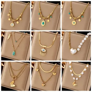 316L Stainless Steel Pearl Heart Butterfly Green Stone Pendant Necklace For Women