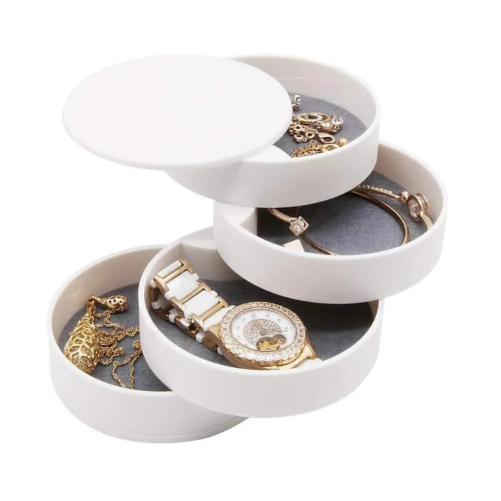 4-Tier Jewelry Organizer Box Tower Rings Earrings Storage Case Holder Necklace Bracelet Display Tray 360°Rotating Showcase （White）