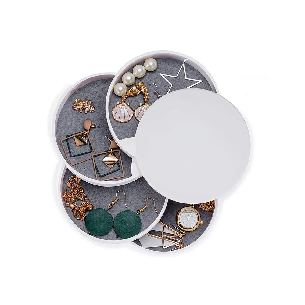 4-Tier Jewelry Organizer Box Tower Rings Earrings Storage Case Holder Necklace Bracelet Display Tray 360°Rotating Showcase （White）