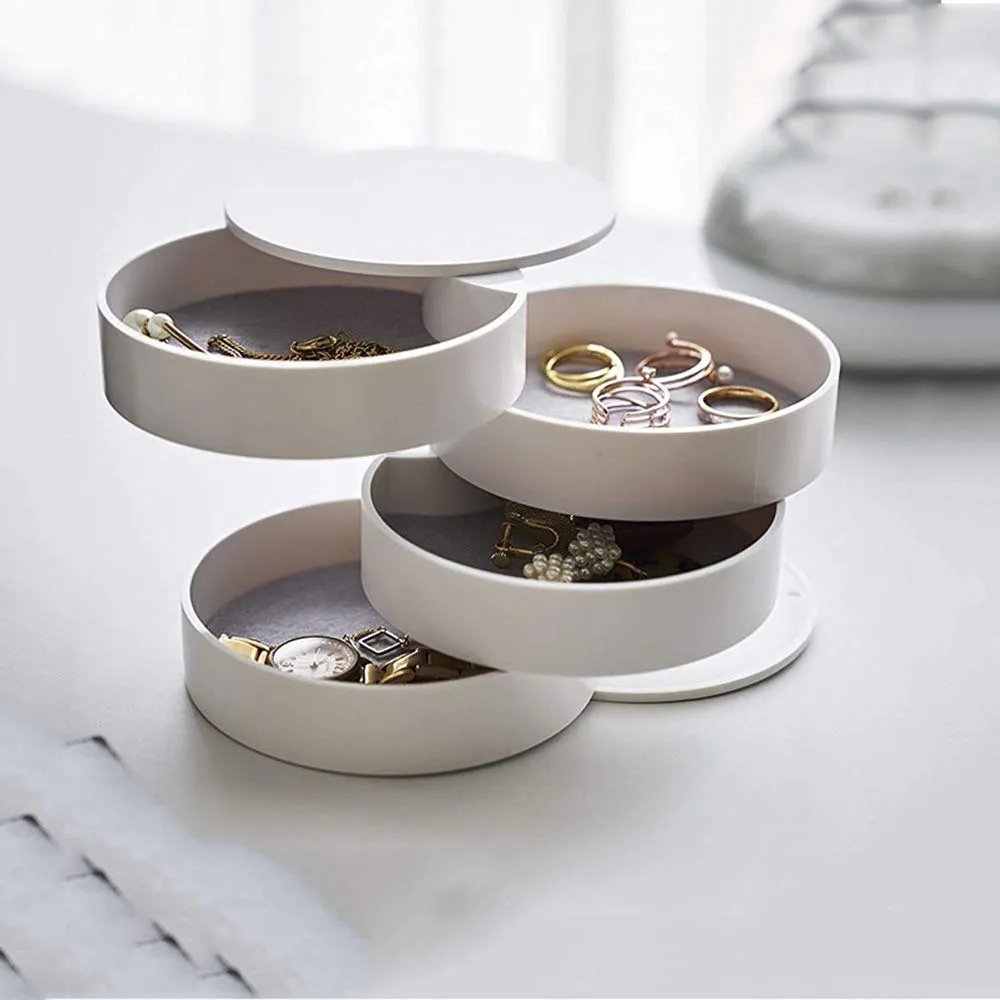 4-Tier Jewelry Organizer Box Tower Rings Earrings Storage Case Holder Necklace Bracelet Display Tray 360°Rotating Showcase （White）