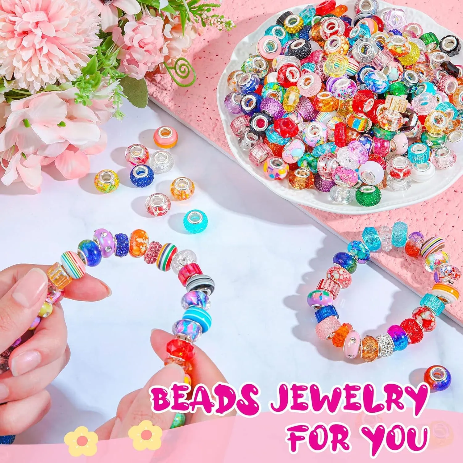 400 Pieces Large Hole Beads Bulk European Craft Beads Large Hole Beads for Jewelry Making 10 Mm/ 0.47 Inches Mixed Color Resin Beads for DIY Bracelet Necklace(Vivid)