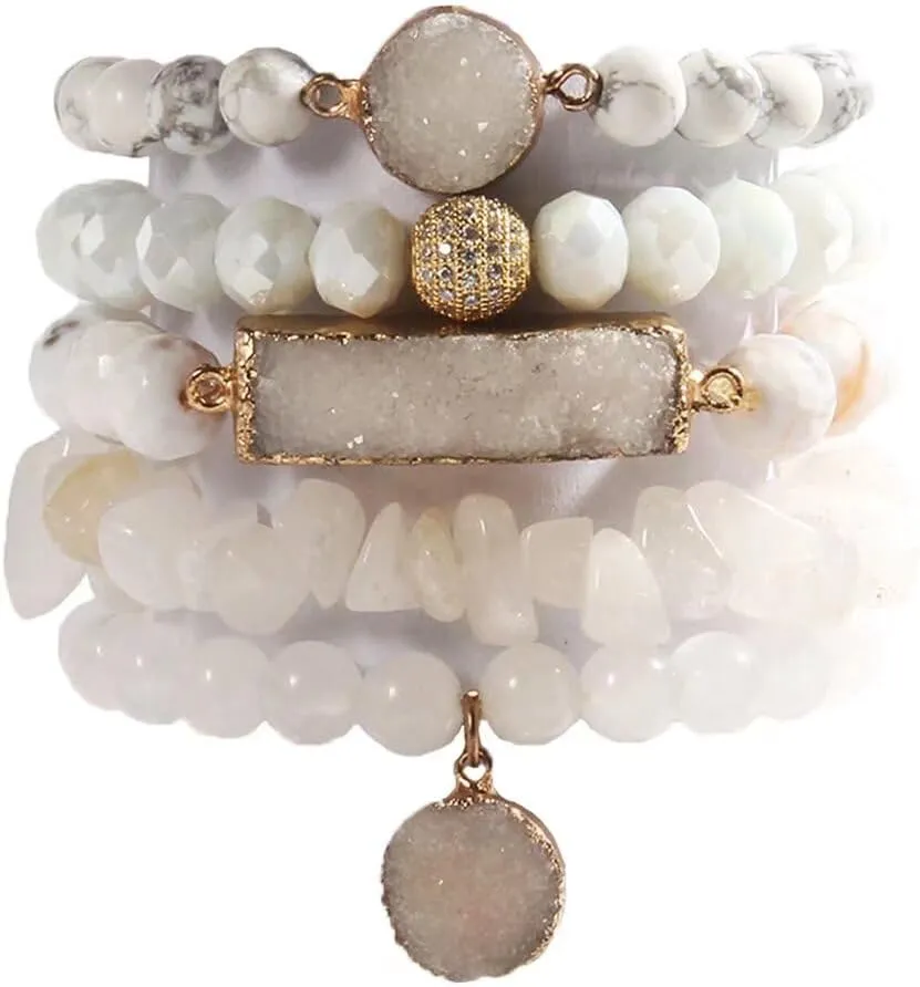 5PCS 6PCS Natural Boho Beaded Bracelets/Bangle for Women Men,Healing Turquoise Jasper Agate Crystal Gemstone Stone Chakra Multilayer Wrap Bohemian Handmade Jewelry Beads Stretch Bracelet Set