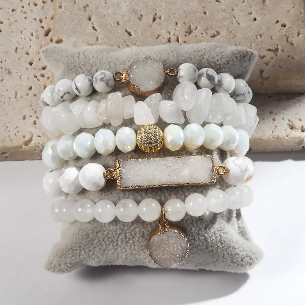 5PCS 6PCS Natural Boho Beaded Bracelets/Bangle for Women Men,Healing Turquoise Jasper Agate Crystal Gemstone Stone Chakra Multilayer Wrap Bohemian Handmade Jewelry Beads Stretch Bracelet Set