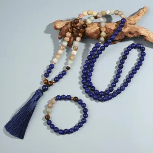 8mm Amazonite Lapis Lazuli Tiger Eye Beaded Necklace Bracelet Set Men and Women