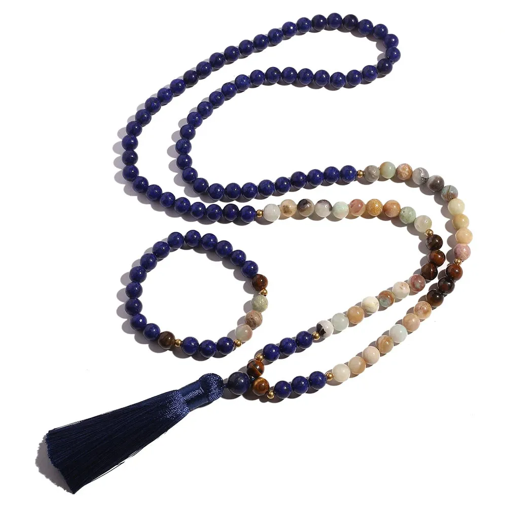 8mm Amazonite Lapis Lazuli Tiger Eye Beaded Necklace Bracelet Set Men and Women