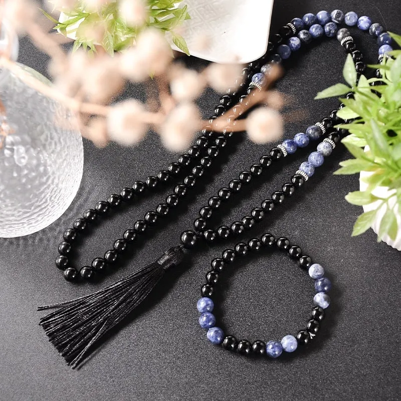 8mm Black Agate  Blue Sodalite Beaded 108Mala Necklace Meditation Yoga Blessing Jewelry Bracelet Set
