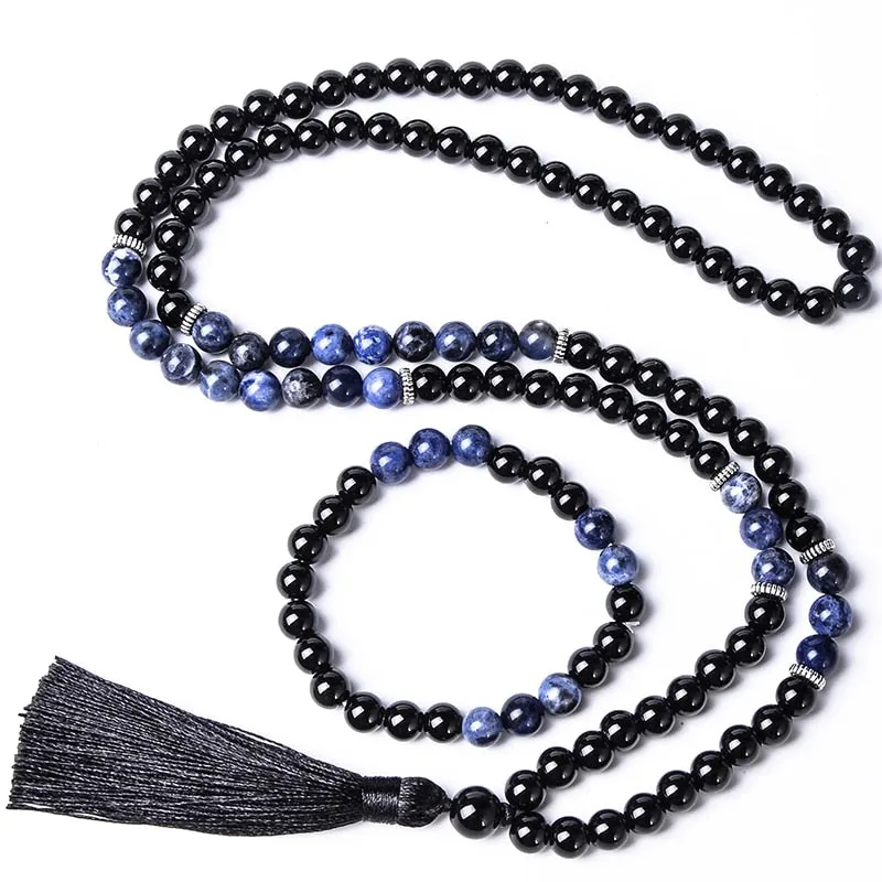 8mm Black Agate  Blue Sodalite Beaded 108Mala Necklace Meditation Yoga Blessing Jewelry Bracelet Set