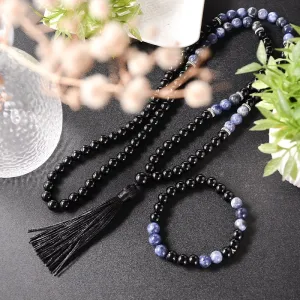 8mm Black Agate  Blue Sodalite Beaded 108Mala Necklace Meditation Yoga Blessing Jewelry Bracelet Set