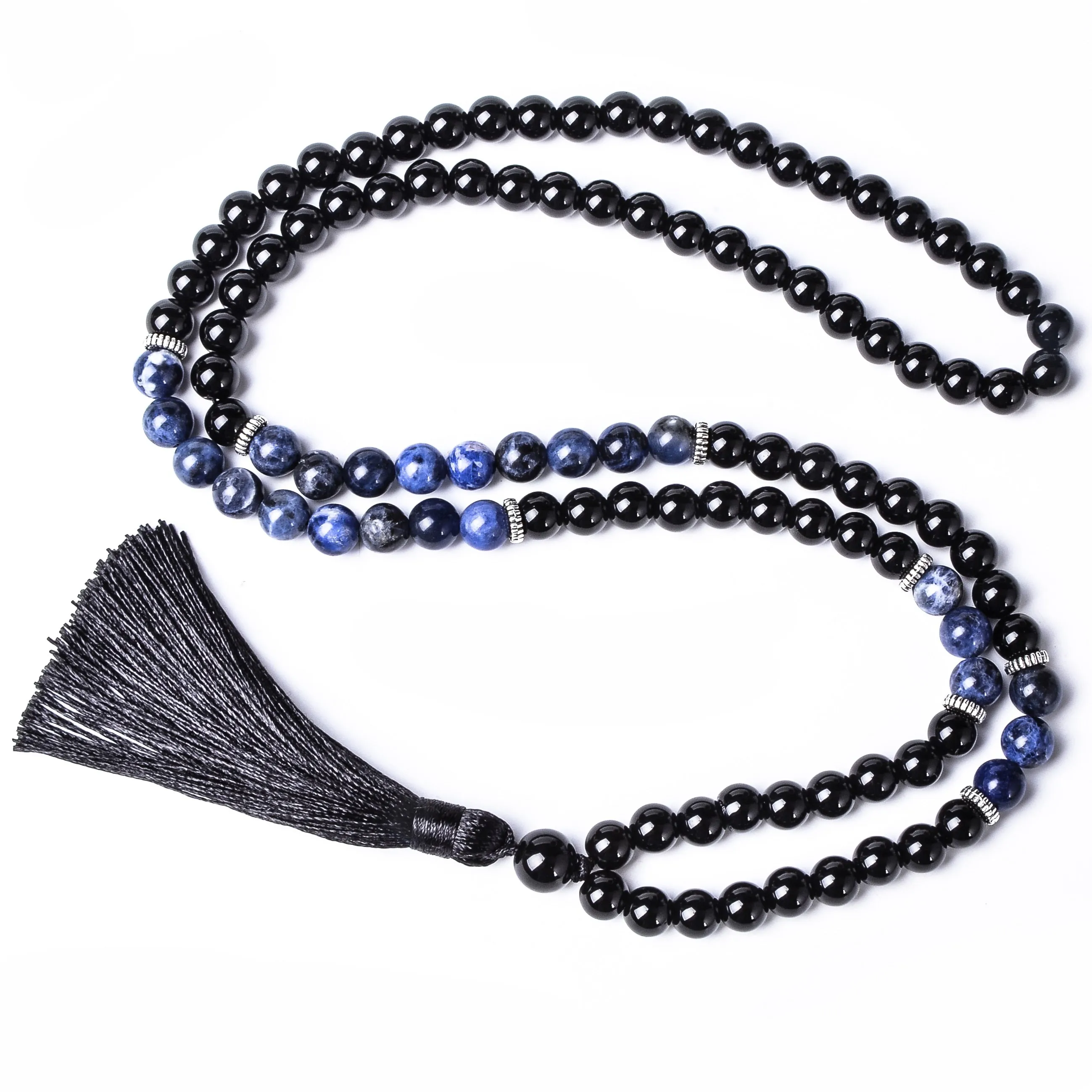 8mm Black Agate  Blue Sodalite Beaded 108Mala Necklace Meditation Yoga Blessing Jewelry Bracelet Set
