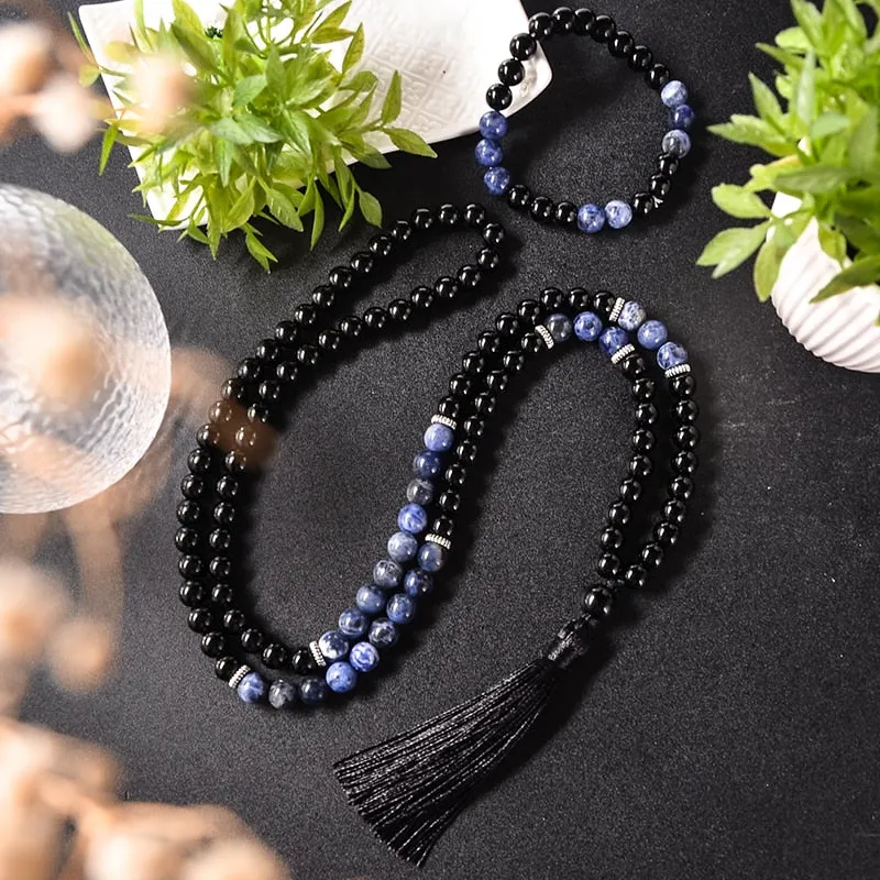 8mm Black Agate  Blue Sodalite Beaded 108Mala Necklace Meditation Yoga Blessing Jewelry Bracelet Set