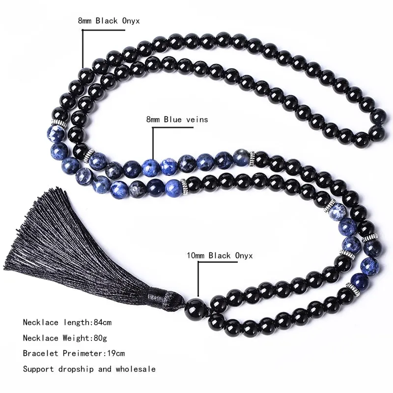 8mm Black Agate  Blue Sodalite Beaded 108Mala Necklace Meditation Yoga Blessing Jewelry Bracelet Set