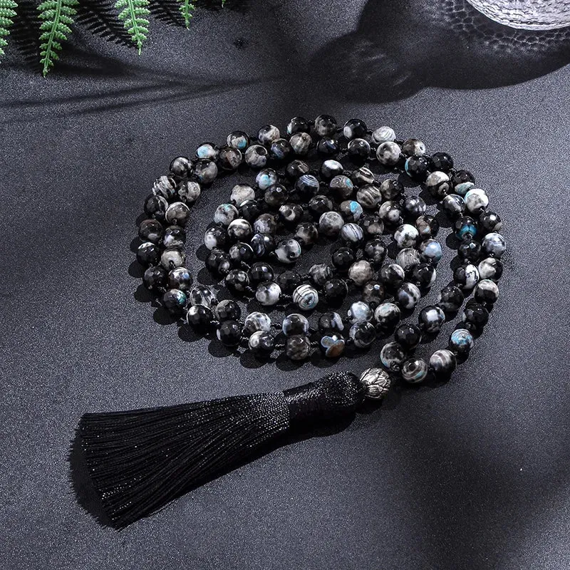 8mm Black Fire Onyx 108 Japamala Beaded Knotted Necklace Meditation Yoga Blessing Spirit Jewelry Set
