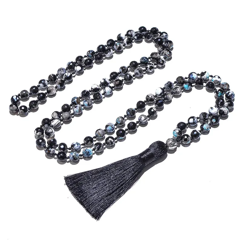 8mm Black Fire Onyx 108 Japamala Beaded Knotted Necklace Meditation Yoga Blessing Spirit Jewelry Set