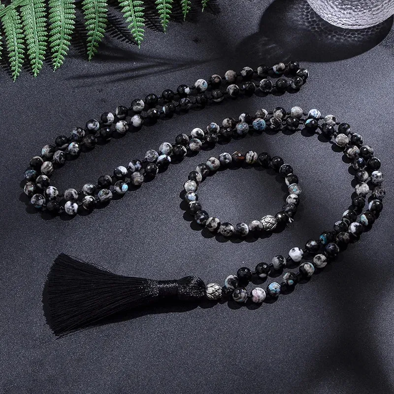 8mm Black Fire Onyx 108 Japamala Beaded Knotted Necklace Meditation Yoga Blessing Spirit Jewelry Set