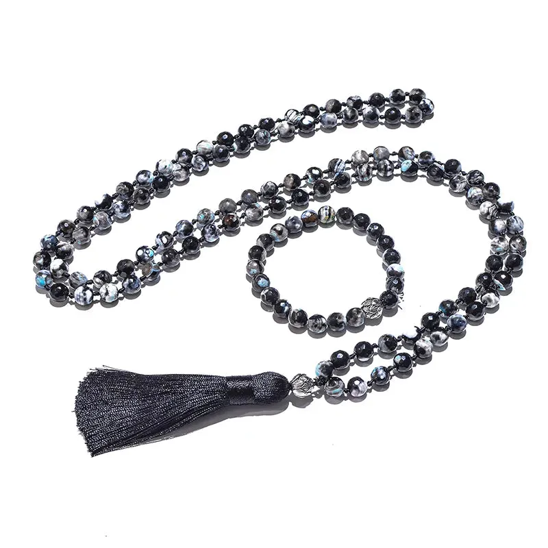 8mm Black Fire Onyx 108 Japamala Beaded Knotted Necklace Meditation Yoga Blessing Spirit Jewelry Set