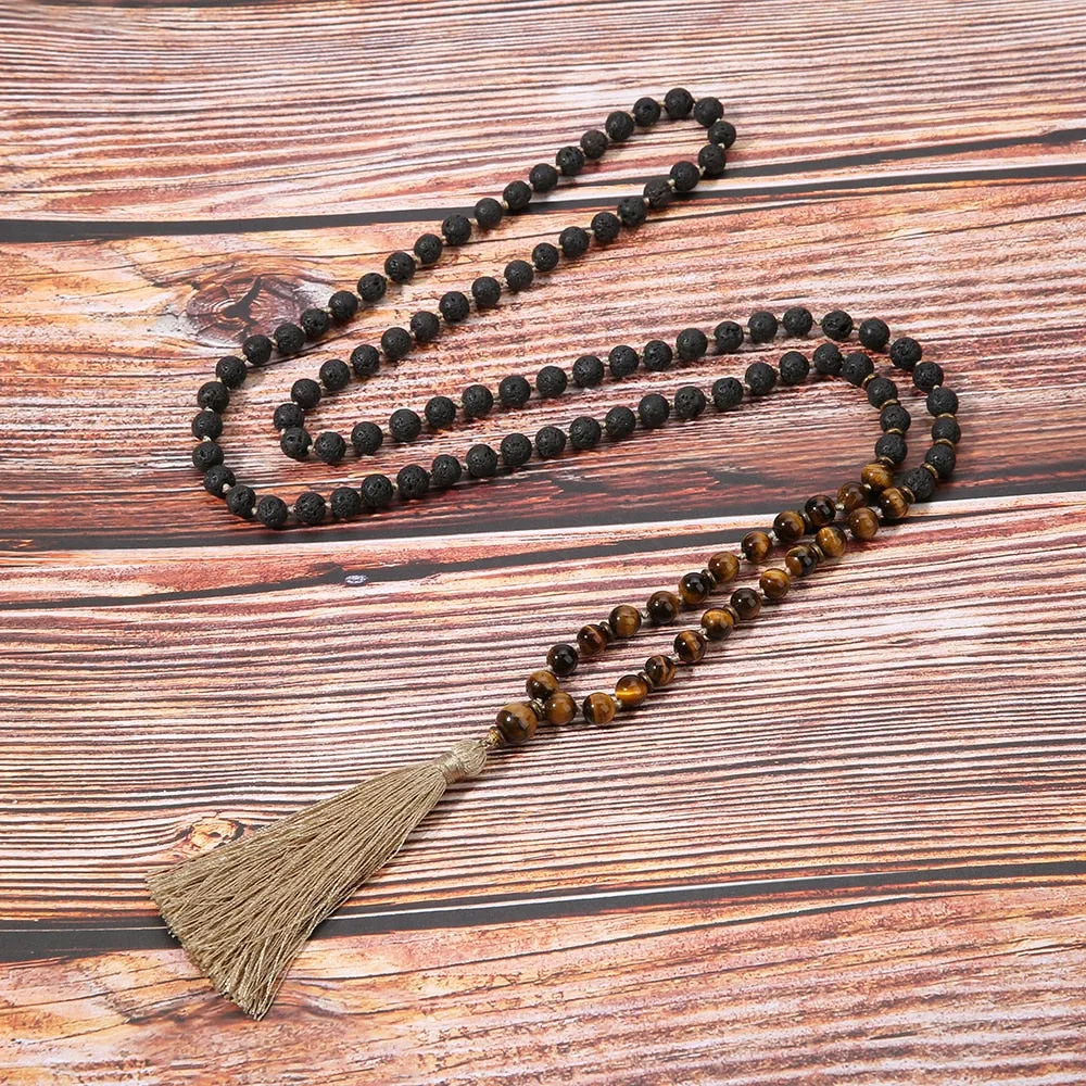 8mm Black Lava Stone &amp; Yellow Tiger Eye 108 Mala Beaded Knotted Necklace
