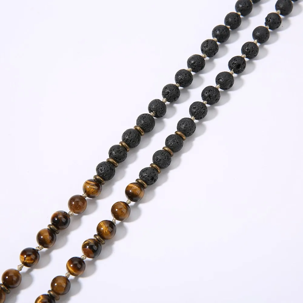8mm Black Lava Stone &amp; Yellow Tiger Eye 108 Mala Beaded Knotted Necklace