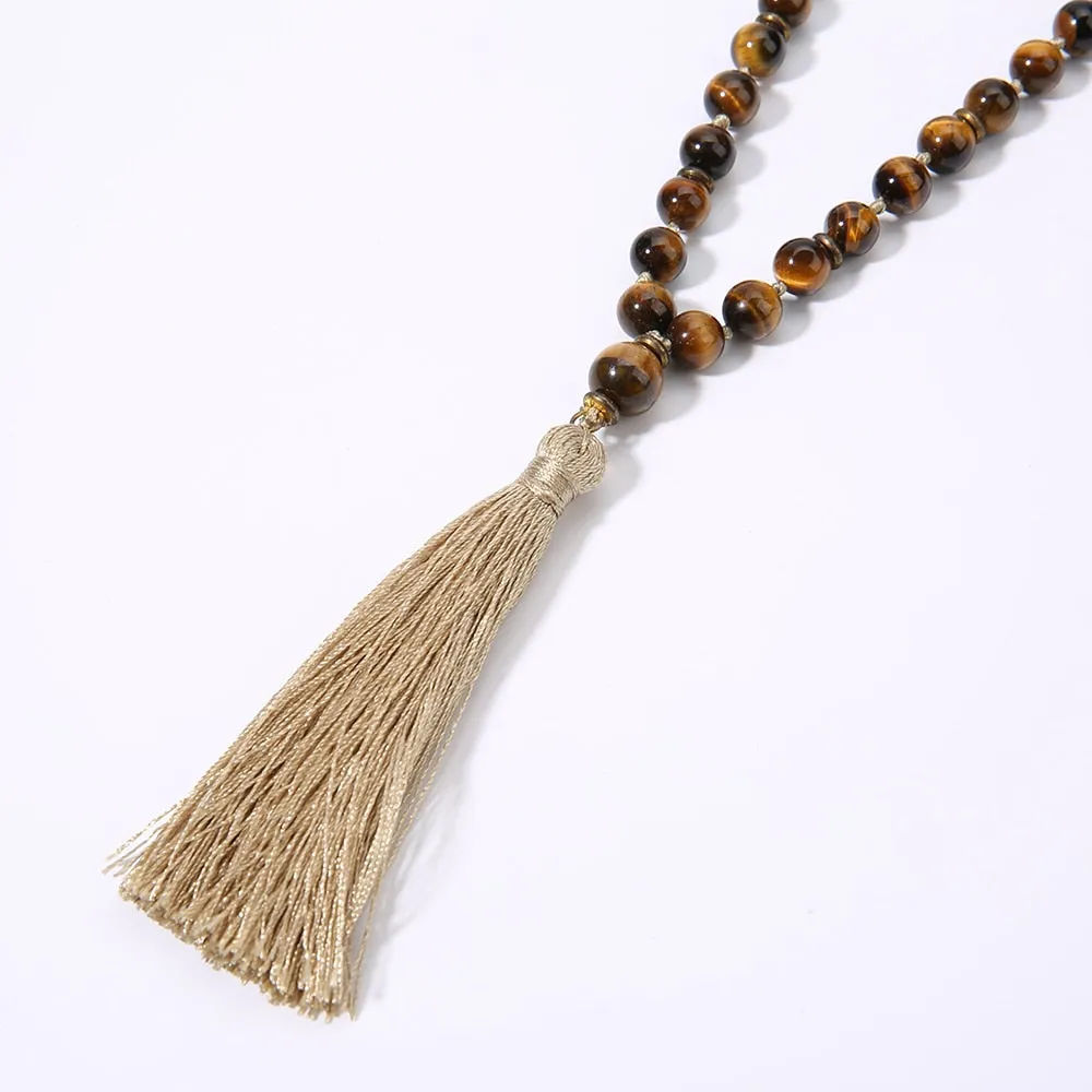 8mm Black Lava Stone &amp; Yellow Tiger Eye 108 Mala Beaded Knotted Necklace