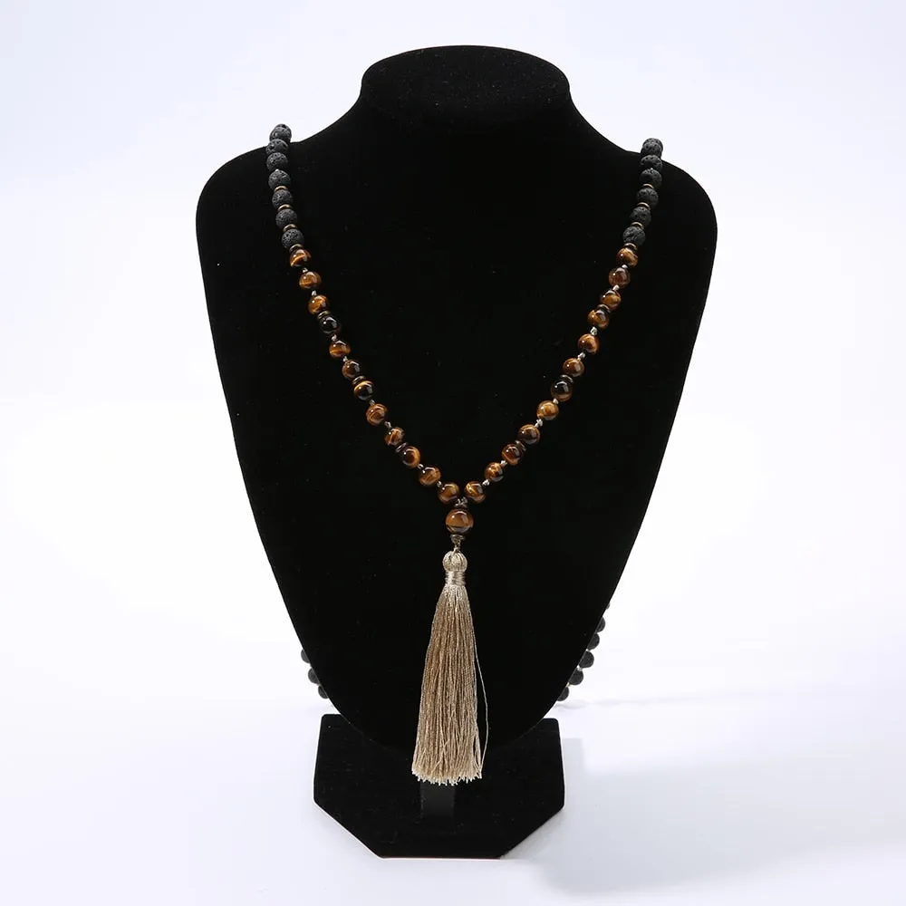 8mm Black Lava Stone &amp; Yellow Tiger Eye 108 Mala Beaded Knotted Necklace