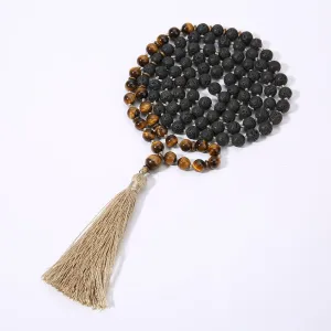 8mm Black Lava Stone &amp; Yellow Tiger Eye 108 Mala Beaded Knotted Necklace